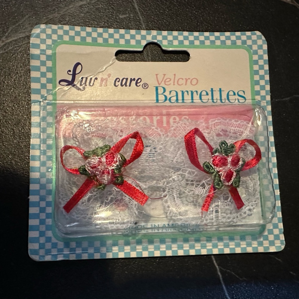 Vintage Luv n’ care Velcro Barrettes with Red Ribbon